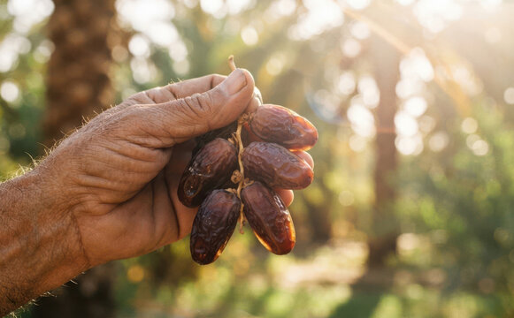 Farmer holding fresh ripe date palm fruit cluster in orchard harvest concept