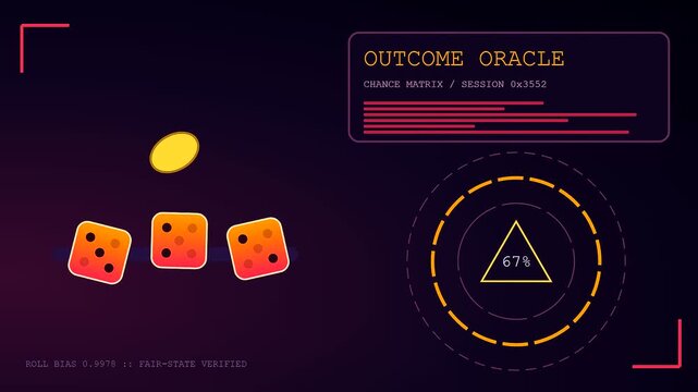 Probability modeling interface showing rolling cubes and circular status trackers with glowing golden coin graphics animated in a digital dark purple virtual reality data grid environment
