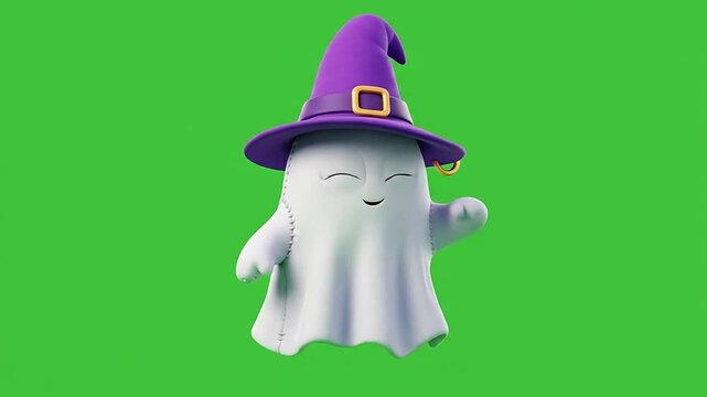 Halloween cute ghost characters with purple witch hats on green screen