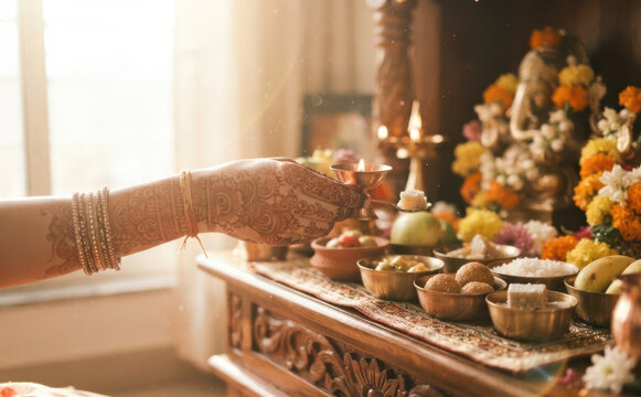 Indian woman performing a traditional prayer ritual with a lit lamp during a festival at home