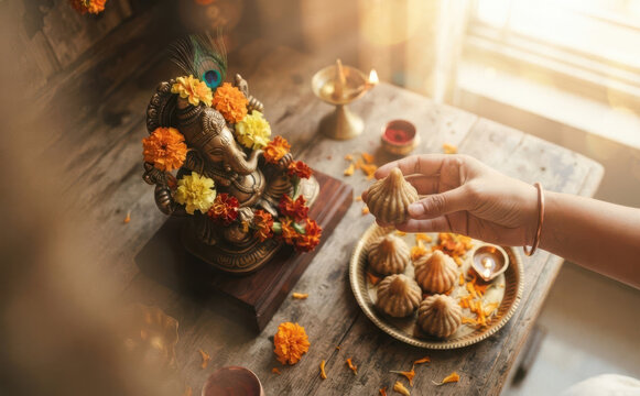 Woman offering sweet modak to Lord Ganesha idol during Hindu festival Ganesh Chaturthi worship