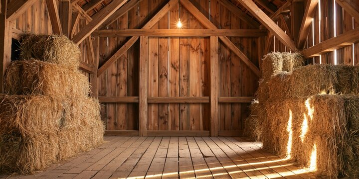 Barn interior with rustic timber architecture and stacks of dry hay in a vintage agricultural farm storage space