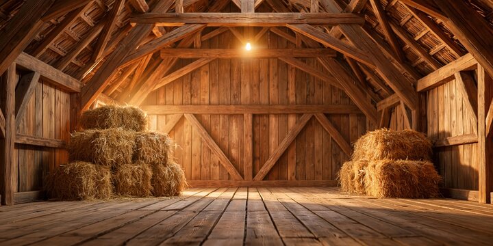 Barn attic interior with rustic wooden timber rafters and stacks of dry golden hay bales in warm sunset farm light