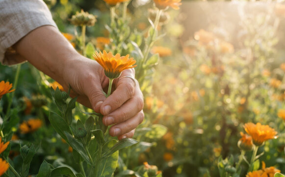 Woman harvesting fresh orange marigold flowers in a sunlit garden for natural medicine and herbal tea production