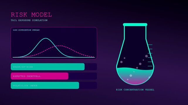 Probability modeling visualizes shifting data metrics as a digital beaker fills with glowing liquid representing changing statistical distributions and fluctuating financial risk factors on a screen