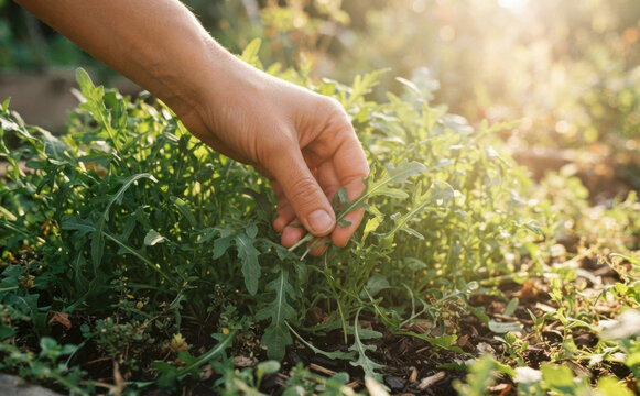 Close up of woman harvesting fresh arugula in a home garden at sunset for healthy organic lifestyle concept
