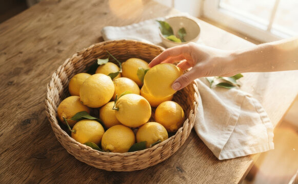 Woman picking fresh yellow lemon from woven basket on rustic wooden kitchen table