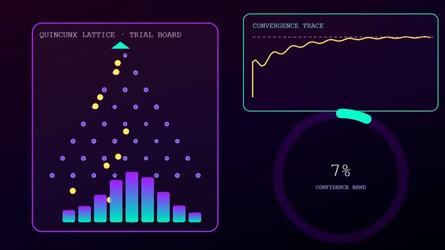 Probability modeling visual display showing a sequence of falling particles within a triangular grid lattice board featuring changing statistical graphs and progress circle UI elements