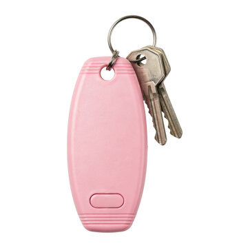 Oval shaped pink plastic key fob attached to a metal ring with two silver keys for access control and security isolated on a transparent background