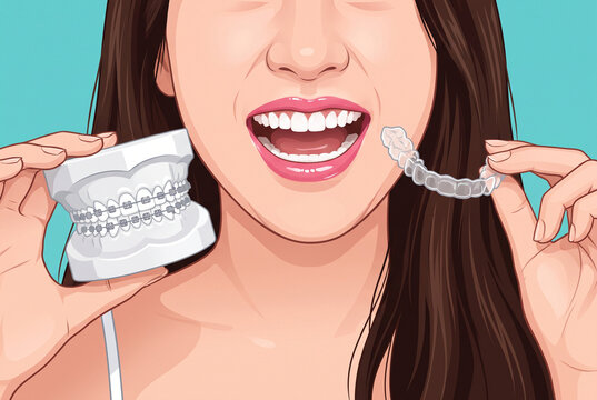 ワイヤー矯正とマウスピース矯正を比較する女性のイラスト