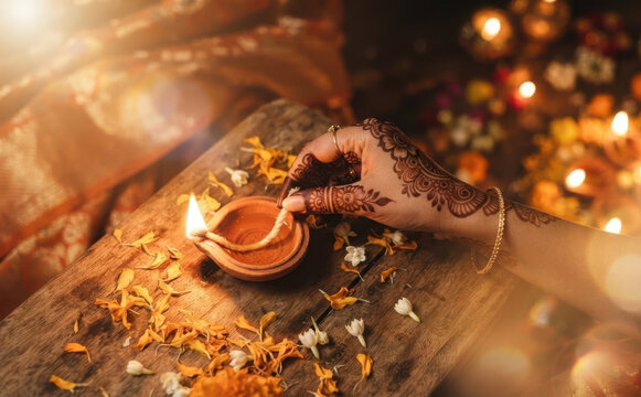 Woman lighting a clay diya oil lamp for Diwali celebration with floral decorations