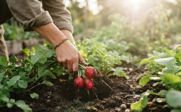 Woman harvesting fresh red radishes from soil in a sustainable organic vegetable garden