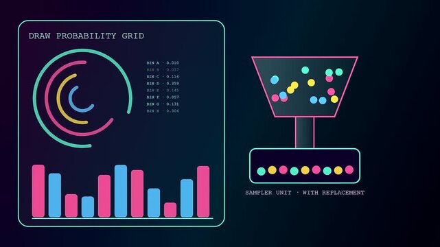 Probability modeling with statistical data shown in an animated dashboard screen featuring glowing neon rings and colorful spheres dropping into a container for data analysis