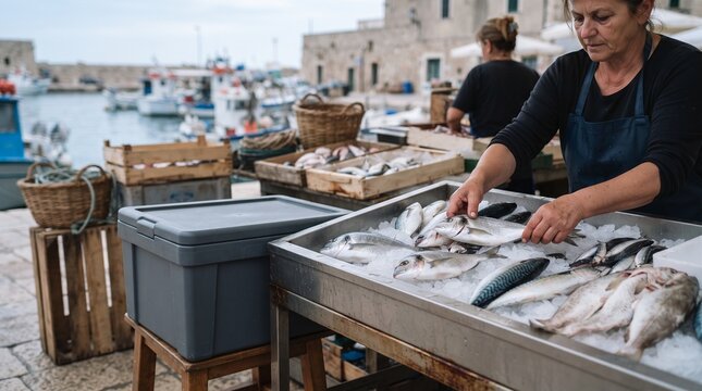 Traditional fish market at a Mediterranean harbor, local fishmonger selling fresh seafood on ice, authentic coastal lifestyle