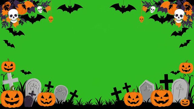 Halloween spooky border frame chromakey video background featuring carved pumpkins bats skulls and a creepy graveyard scene for seasonal party editing projects