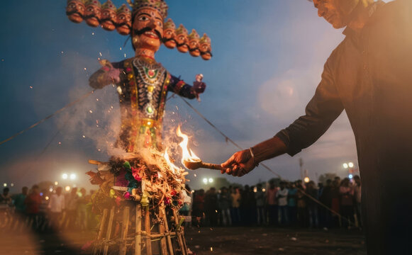 Man burning effigy of Ravana during Dussehra festival celebration outdoors at dusk