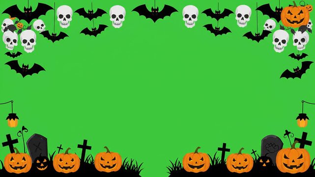 Spooky halloween border frame with chromakey background featuring glowing jack o lanterns skulls bats and graveyard silhouettes for holiday video editing overlay
