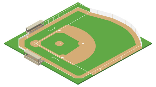 Isometric Vector Illustration of a Professional Baseball Diamond Stadium Featuring Detailed Infield Dirt, Green Grass Outfield, Bases, Pitcher's Mound, and White Foul Lines Layout.