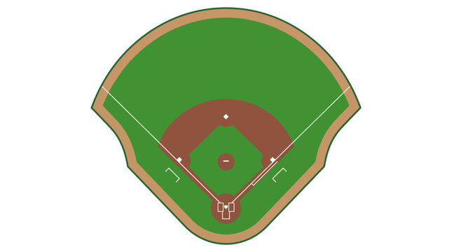 Top-down birds-eye view illustration of a minimalist baseball field diamond with green grass, tan dirt, and white layout lines, isolated on a white background for sports design.