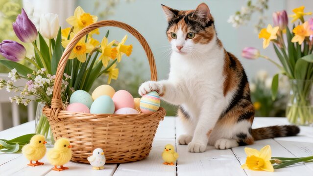 Calico cat with Easter basket pastel eggs spring tulips daffodils and decorative chicks in bright natural light