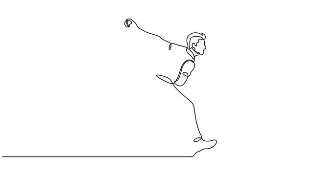 Continuous line art animation of a cricket bowler running up to deliver a ball.