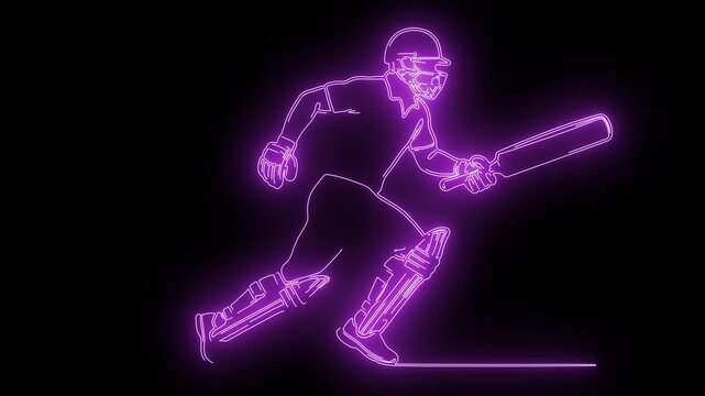 Continuous glowing purple line art animation of a cricket batsman running between the wickets.