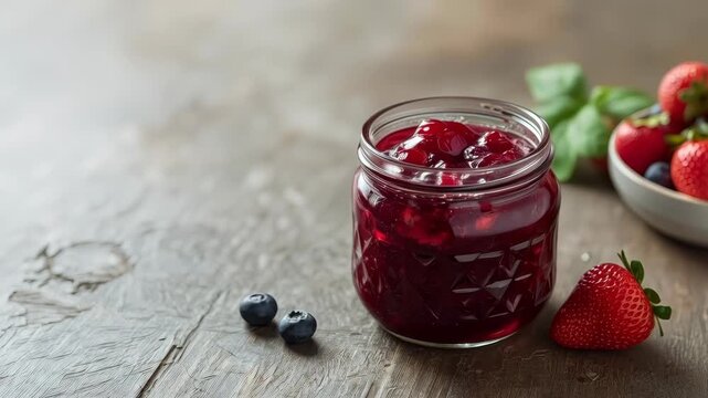 Red Berry Jam in Glass Jar with Strawberry and Blueberry on Rustic Table Setting