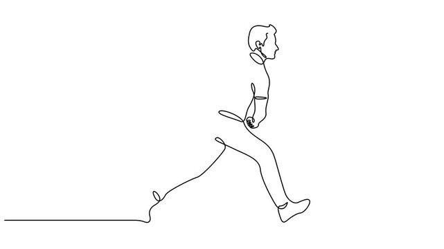 Continuous line art animation of a cricket player running fast during a live match.
