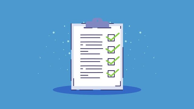 Animated checklist on clipboard with green check marks appearing in boxes on blue background.