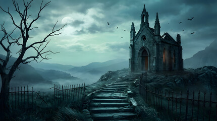 Obraz premium Scary old abandoned gothic church with stone stairs and dead tree under a dark green sky