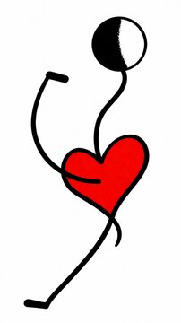 Cheerful stick figure dancing with a red heart, minimalist vector illustration isolated on white background.