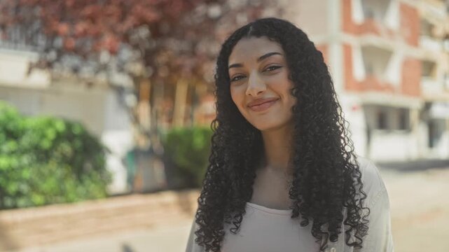 Young woman smiles and tucks curly hair while standing on a sunlit residential street with building facades and hedges; confidence warmth.