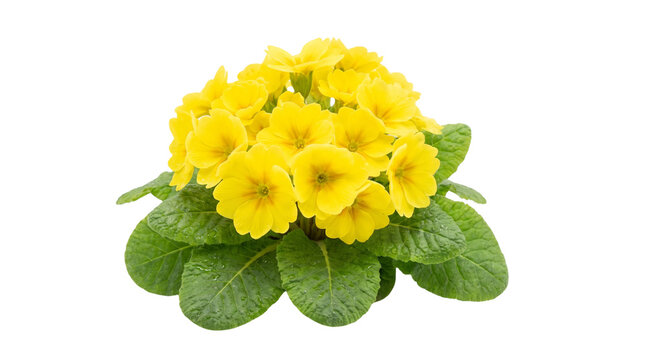 Vibrant yellow primrose flowers with leaves.