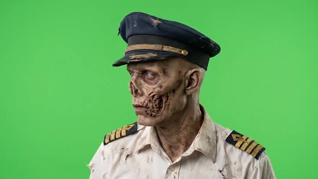 Scary zombie pilot in uniform on green screen for halloween