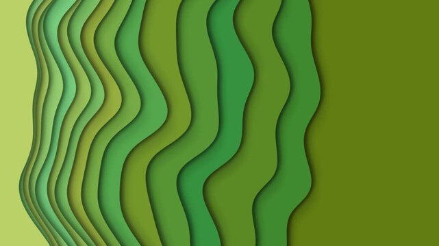 3D render paper layer A dynamic, layered 3D rendering of waves resembling folded paper, moving in concentric undulations with a spectrum of greens from pale yellow-green to deep olive green