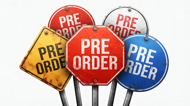 Pre-order signs with distinct colors and shapes creating a bold statement for anticipation and early access