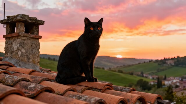 Black cat sitting on terracotta rooftop gazing at countryside landscape during golden hour sunset