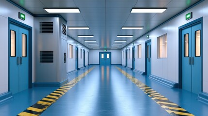 Fototapeta premium Modern and Spacious Hospital Corridor with Blue Walls, Bright Lighting, and Clear Directional Markings on Floor for Healthcare Settings