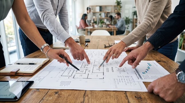 Team of architects and engineers discussing construction blueprints and floor plans on wooden table, collaborative meeting, pointing at details, renovation project planning