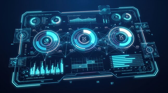 Futuristic high tech HUD interface dashboard with glowing blue neon elements, complex data visualization system, circular graphs and charts, cybersecurity network, abstract digital