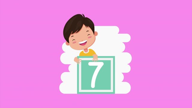 Cartoon boy holding green square block with number seven on pink background with white abstract clouds.