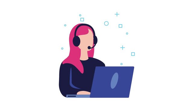 Customer service agent wearing headset working on laptop computer with animated graphic elements.