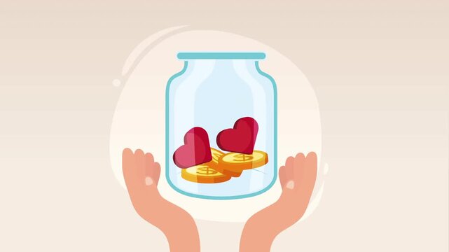 Animation of human hands holding glass donation jar with gold coins and red hearts on light background.