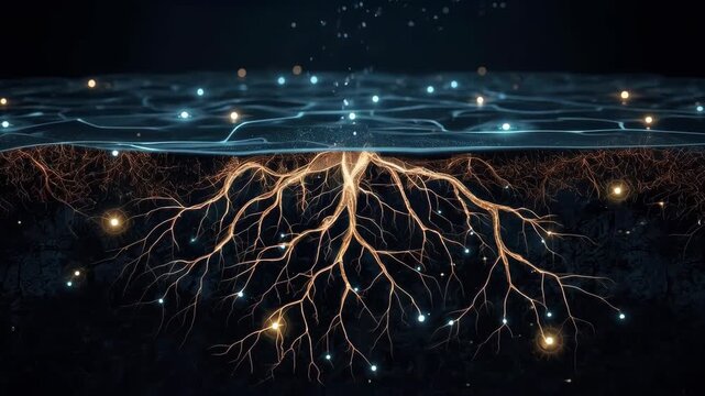 Glowing Root Network Beneath Dark Water Surface with Mystical Submerged Natural Glow