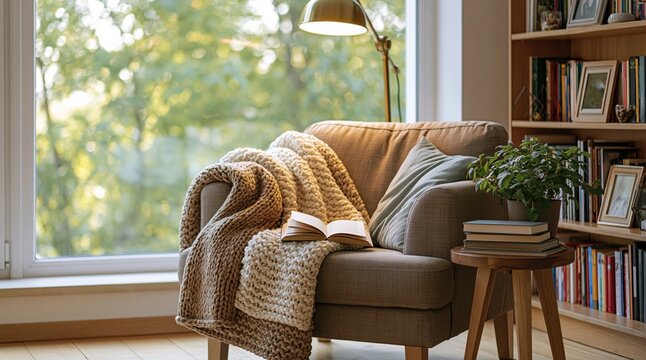 Cozy reading nook with a soft armchair and blanket by a sunlit window and bookshelf for home comfort and relaxation
