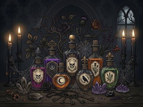 Collection of magic potion bottles with skulls and symbols in a dark gothic room