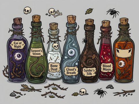 Set of colorful magic potion bottles with scary labels for halloween design projects