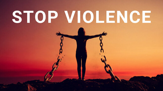A silhouette of a woman breaking free from heavy chains under a dramatic sunset, symbolizing freedom, justice, and the end of violence.