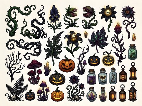 Set of halloween elements with scary pumpkins creepy plants and magic potion bottles