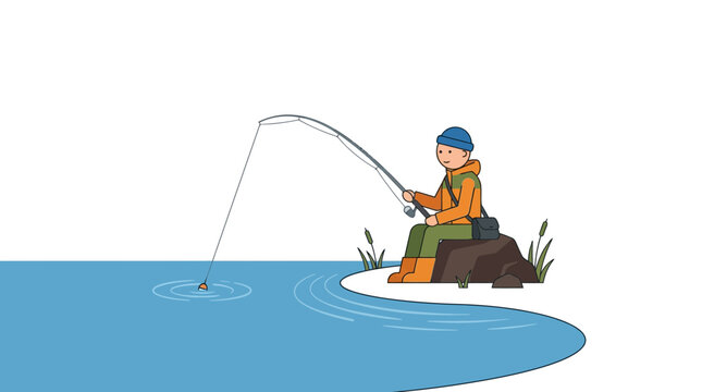 Cartoon character fishing on a rock by the water